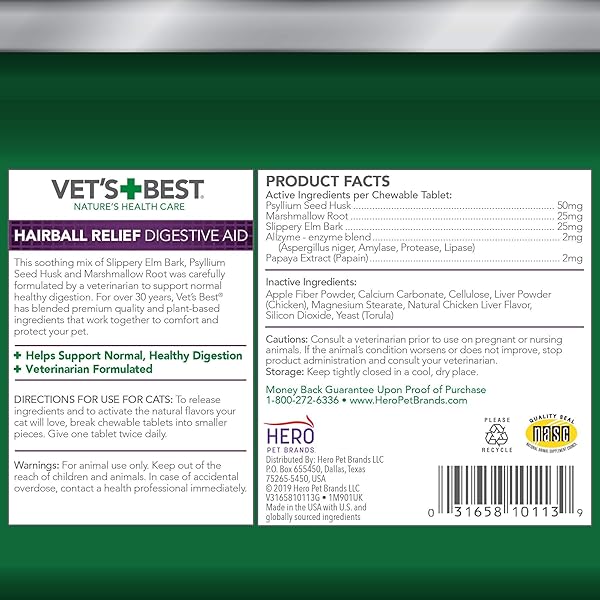 VET’S BEST CAT HAIRBALL RELIEF DIGESTIVE AID, VET FORMULATED HAIRBALL SUPPORT REMEDY, CLASSIC CHICKEN FLAVOR, 180 CHEWABLE TABLETS