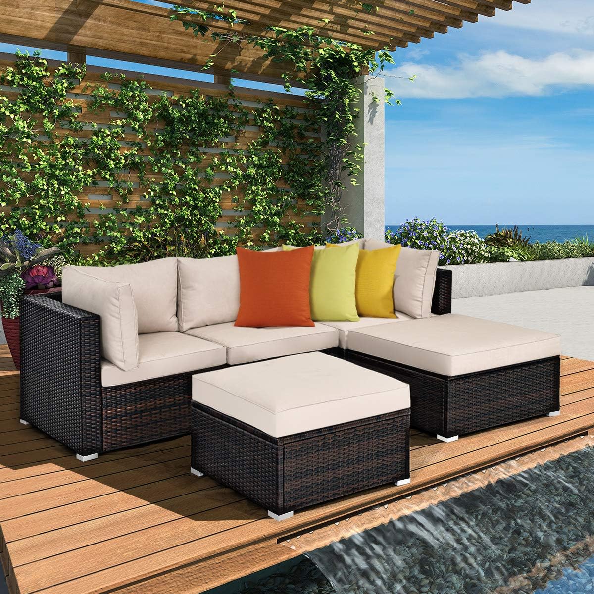 Tangkula 5 PCS Patio Rattan Furniture Set, Outdoor Sectional Rattan Sofa Set with Soft Cushions, Wicker Conversation Set with Sofa Ottoman for Backyard Porch Garden Poolside Balcony (Brown): Garden & Outdoor