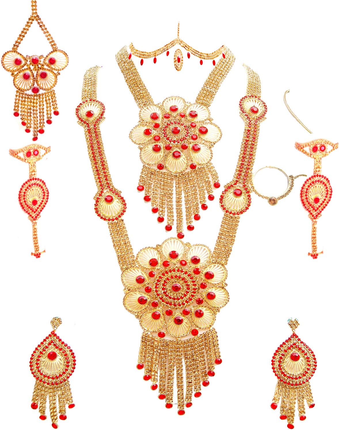 SATHIYA JEWELLERSRed Golden Full Stone Work Dulhan Bridal Wedding Jewellery Set for Women(Complete 9 Pieces)