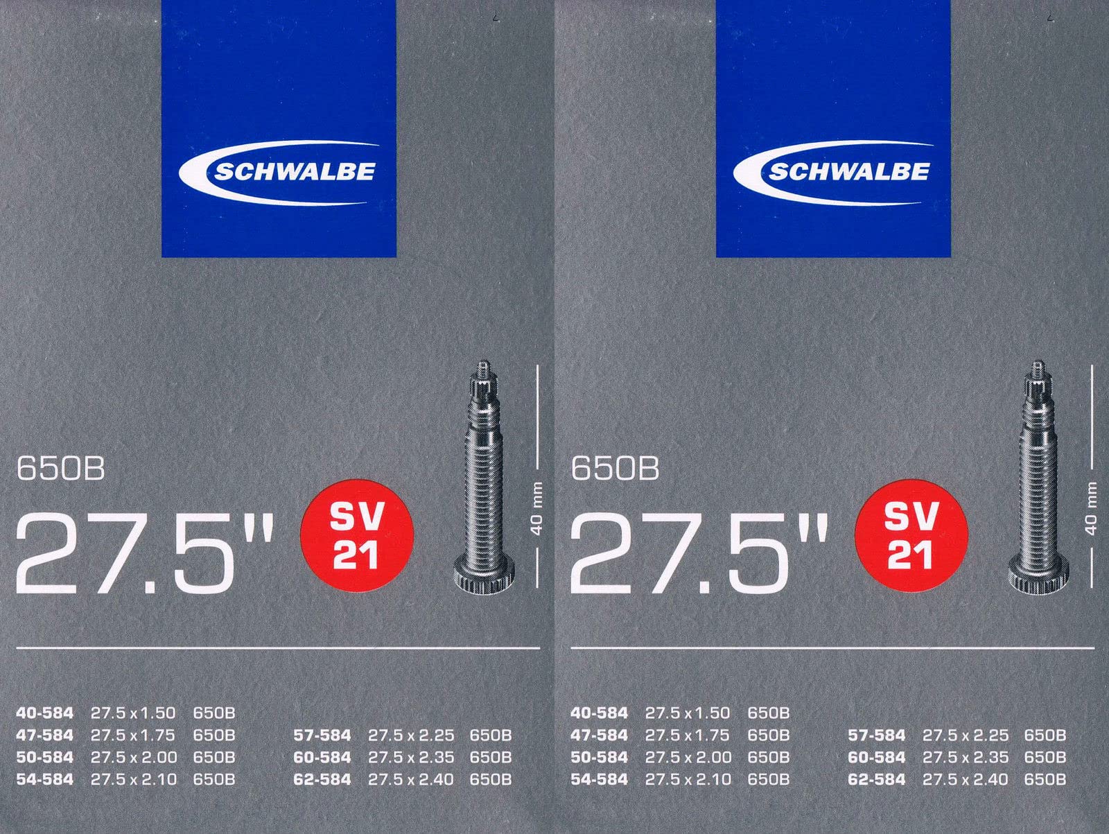 2 x Schwalbe SV 21 Tube 27.5 650B Valve: French Sclaverand SV21 27.5, Presta