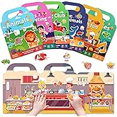 Lerifer Jelly Sticker Books for Kids 2-4,5 Set Reusable Sticker Activity Books for Toddler 1-3, Travel Toys for 2+ Boy Girl (6 Set - Animals+Vehicles+Ocean Animals+Sports+Kitchen Fun+Horse Riding)