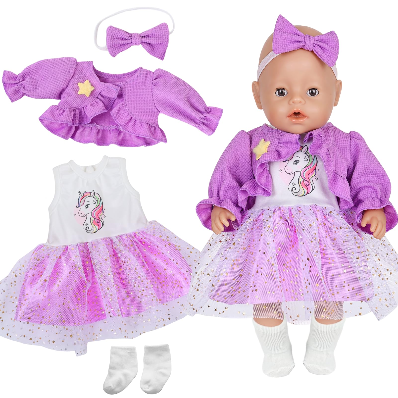 Baby Doll Clothes Dress for 14-17 Inch Doll, 4 Pcs Pony Sweet Outfits with Dress Coat Headband Socks, Dolls Clothes for NewBorn Baby Dolls 35-43 cm, Girls Summer Birthday Gift (No Doll)