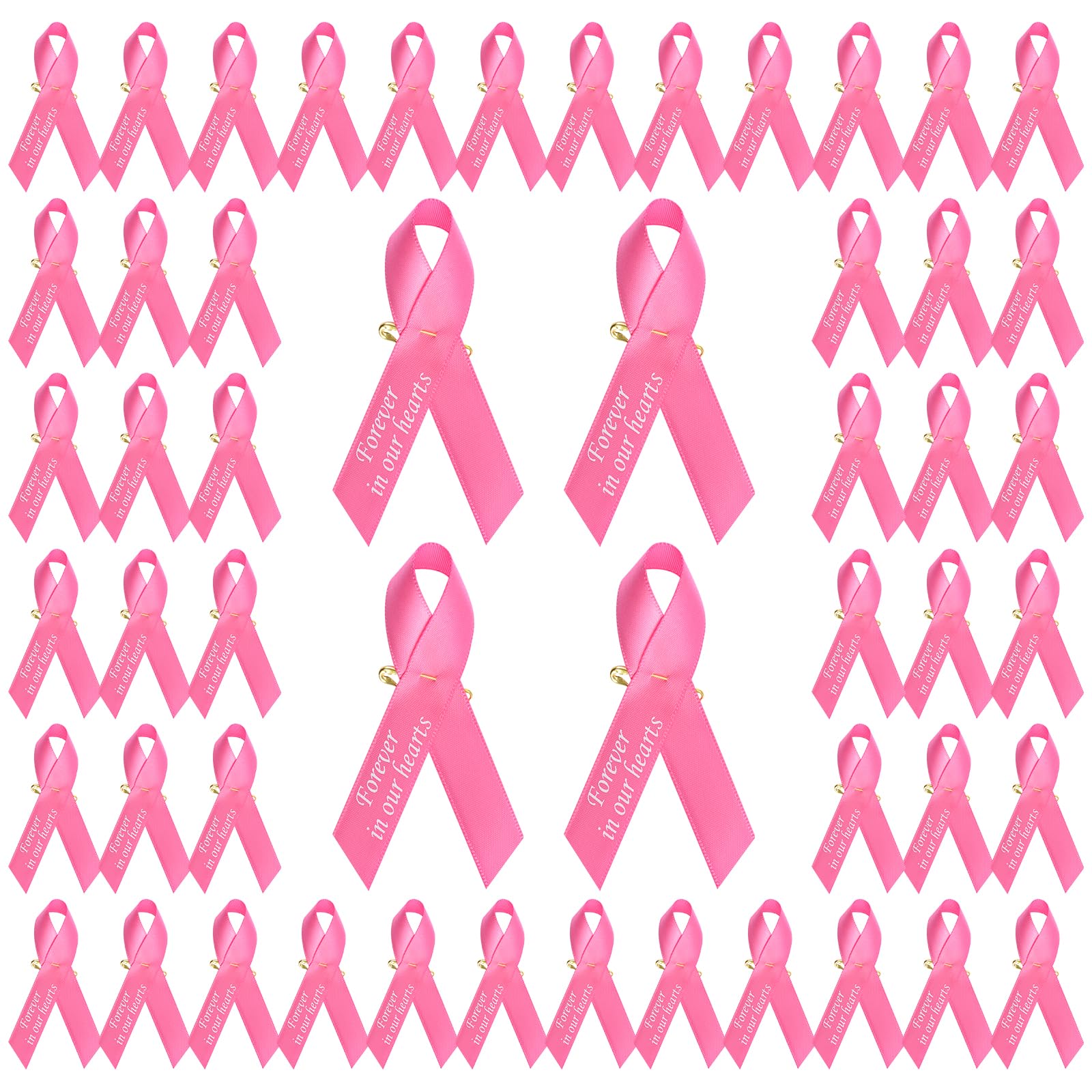 CRAFFANCY WANDIC 200pcs Pink Ribbon Pins Breast Cancer Awareness Badges Mammary Carcinoma Brooch Memorial Ribbon Badges in Forever in Our Hearts for Funeral Mourning Event Bereavement Remembrance