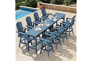 SERWALL 10-Piece Swivel Adirondack Bar Set, HDPE Swivel Bar Height Chairs Set of 8 with 2 Bar Tables, All-Weather Outdoor Barstools for Patio, Poolside, Garden, Blue