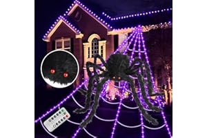 NAGUDENFO Brighter Spider Web Lights Halloween Decorations Outdoor, 2024 Upgraded 250 Purple LED Lights 16.4ft Spider Web with 48 Inches Giant Spider, 8 Modes, Timer & Memory Function, Outdoor Halloween Decor