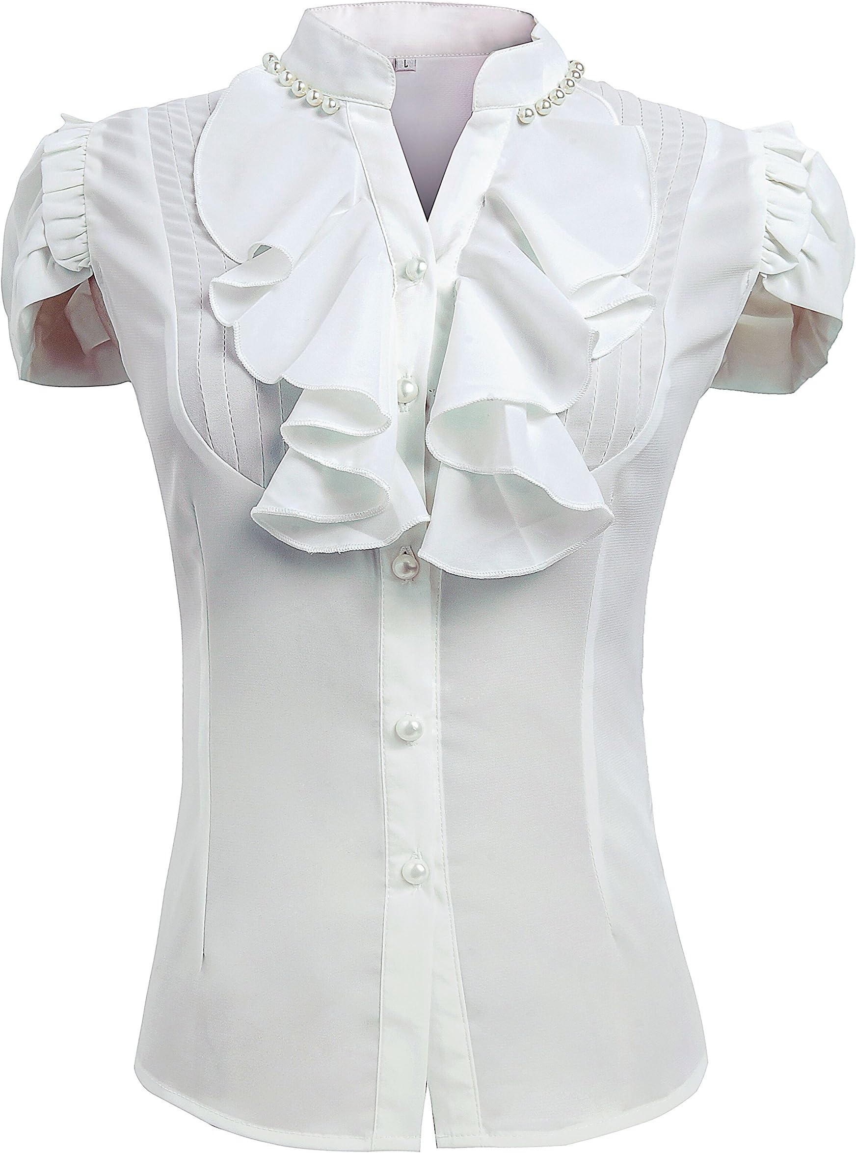 Women Elegant Stand Collar Lotus Leaf Ruffle OL Short Sleeve Blouse White US 4