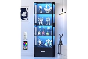 Lamtor Display Cabinet with Glass Doors - 67" Curio Cabinet with RGB LED Lights and Drawer for Collectibles, 4 Tier Glass Display Case for Living Room, Office, Black(Narrow)