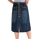 TheyLook Women Denim Midi Skirt High Waisted 4 Pockets Button Front Jean Skirts with Belt