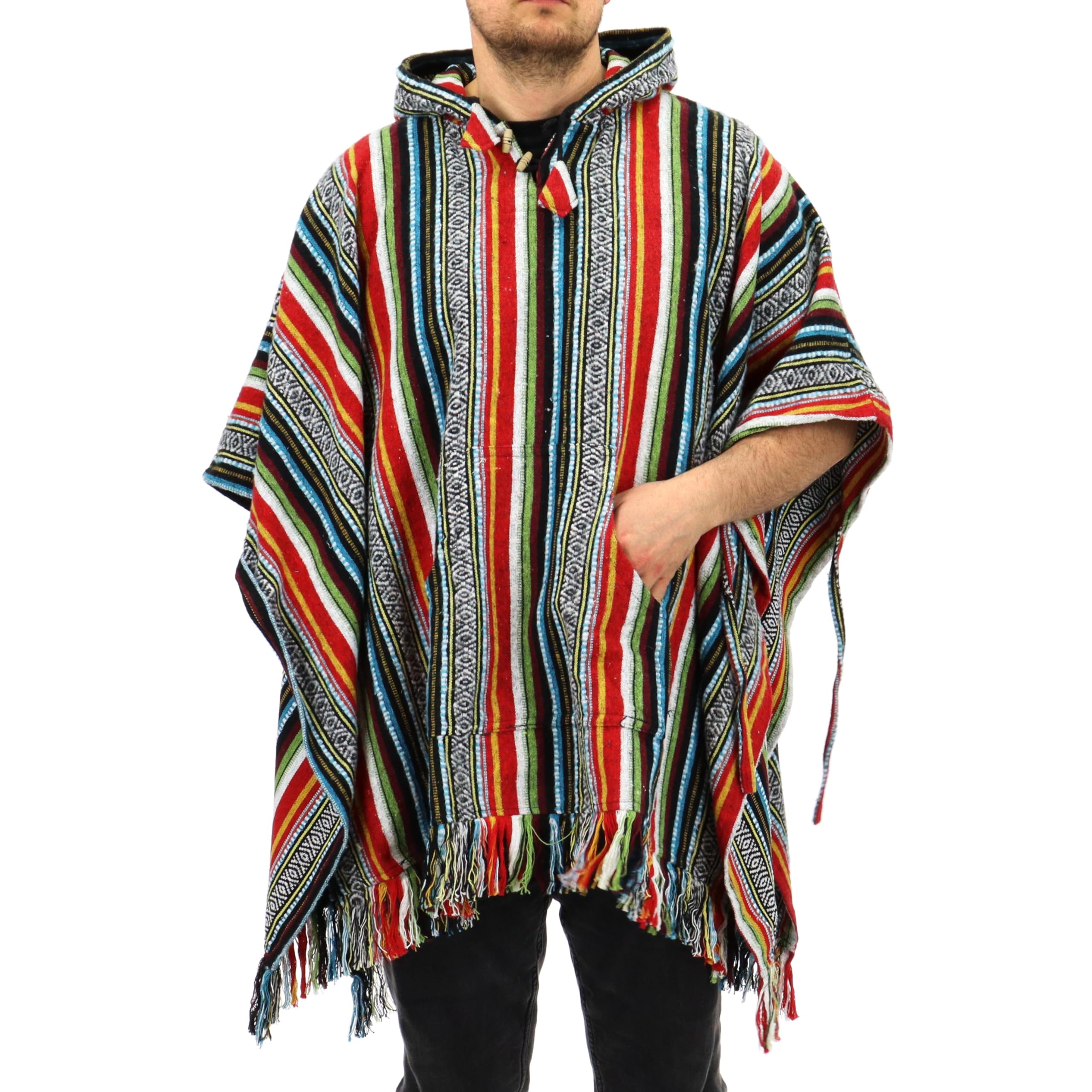 LOUDelephant 100% Woven Gheri Cotton Mexican Style Hooded Poncho Unisex One Size For Men Women Lounging Warm Cold Water Robe Cover Change Mexican Diamond