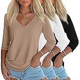 Ficerd 3 Pack Women's 3/4 Length Sleeve T Shirts, V Neck Tops Loose Fit Blouses Casual Tees 2026 Fashion Clothes