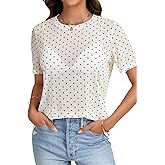 Rooscier Women's Sheer Mesh Short Sleeve Round Neck See Through Sexy Blouse Shirt Top