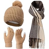 Chicingyou 3 pcs Hat Scarf Gloves Set for women winter Hat long plaid scarf touchscreen gloves combination warm sets for gift(Khaki)