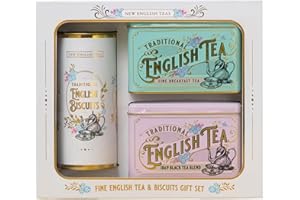 New English Teas Vintage Victorian Tea & Cookies Gift Set with 80 Fine English Teabags, 2 Tea Caddies and Luxury Cornish Cookies