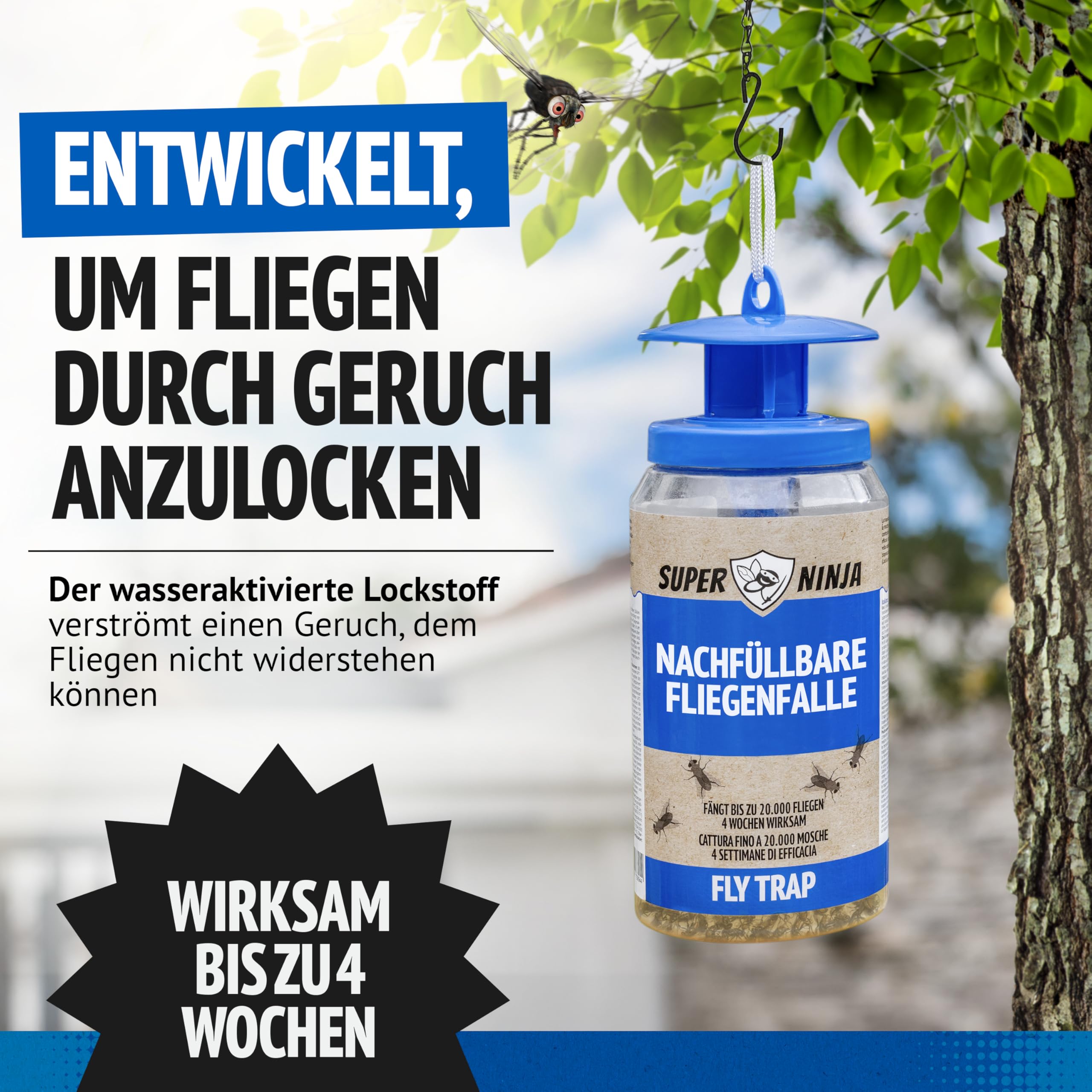Super Ninja Fliegenfalle Draußen – Wiederverwendbare Fliegenfänger mit nachfüllbarem, Nicht-giftigem Lockstoff, Fängt bis zu 20.000 Fliegen, 4 Wochen Schutz, Mit wasserlöslichem Beutel 2