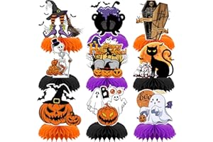 ANSOUFIEN 9pcs Halloween Decorations Honeycomb Centerpieces - Halloween Table Decorations for Halloween Parties, Spooky Theme Designs with Witches, Pumpkins, Ghosts, and Skeletons