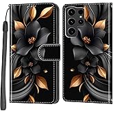 Haninsuze Case Wallet for Samsung Galaxy S24 Ultra, [Kickstand] 3 Card Holder Stand [Shockproof TPU Interior Shell], PU Leather Magnetic Protective Flip Cover 6.8" 2024, Black Flower