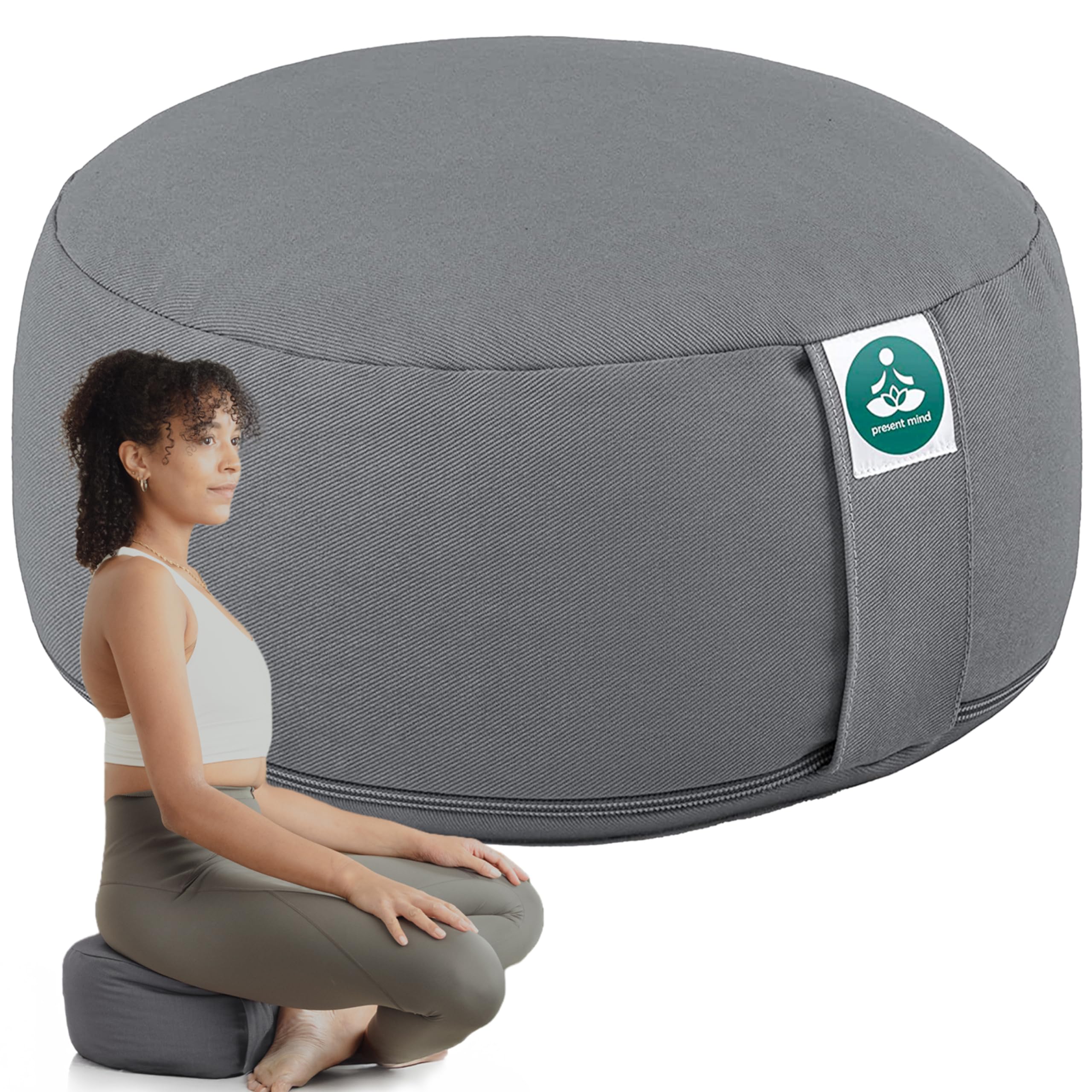 Present Mind Round Zafu Yoga Cushion (Height 16 cm) - Different Colour - High Yoga Cushions/Meditation Cushion - Made in the EU - Washable Cover - 100% Natural Floor Seat Cushion - Meditation Gifts