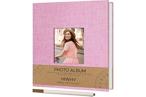 Hiwhy Photo Album Self Adhesive for 4x6 2x3 Picture book, Linen Small Scrapbook Photo Album Book DIY Scrap Book with Picture Display Window with A Metallic Pen (20 Sheets/ 40 Pages, Pink）