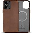 Belemay Compatible with iPhone 16 Plus Leather Case, Compatible with Magsafe, Premium Crazy Horse Leather [Vintage Aesthetic] Comfort Grip, Metal Buttons & Camera Bump Frame, (6.7") Classic Brown