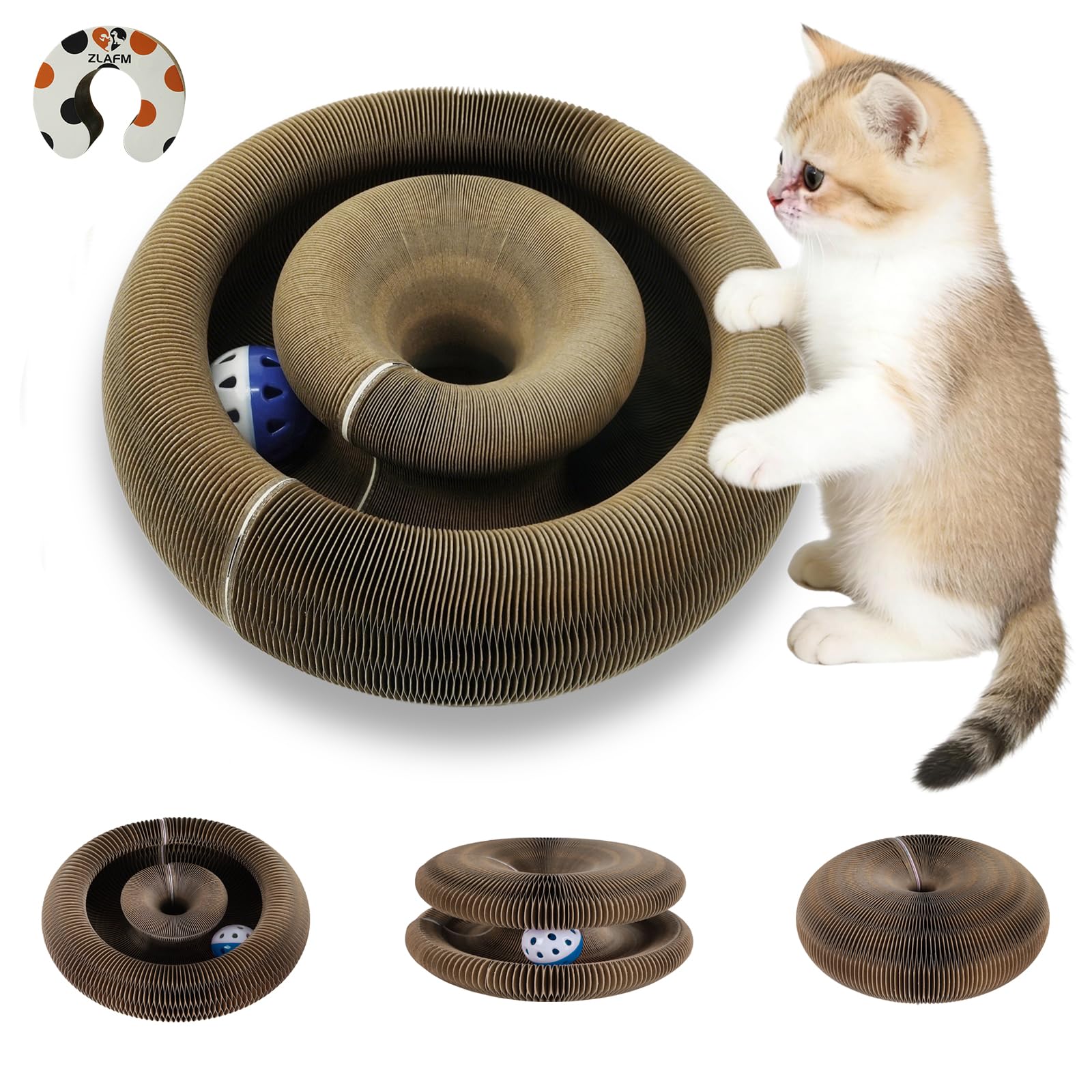 Magic Organ Cat Scratcher Toy, Foldable & Reversible Accordion Kitty Toy with Bell Ball, Interactive Cardboard Scratching Board Scratcher Pad for Indoor Cats (1 Pack)