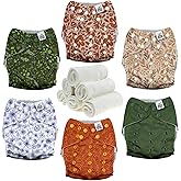 Mama Koala 3.0 Pocket Cloth Diapers for Babies with AWJ Lining, 6 Pack with 6 4-Layer Natural Cloth Diaper Inserts - Reusable and Washable Pocket Diapers(Neutral Leave)
