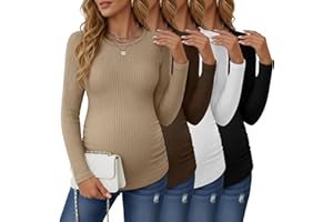 Huukeay 4 Pack Women's Maternity Shirts, Long Sleeve Cotton Ribbed Pregnancy Tops Side Ruched Crew Neck Casual Mama Clothes