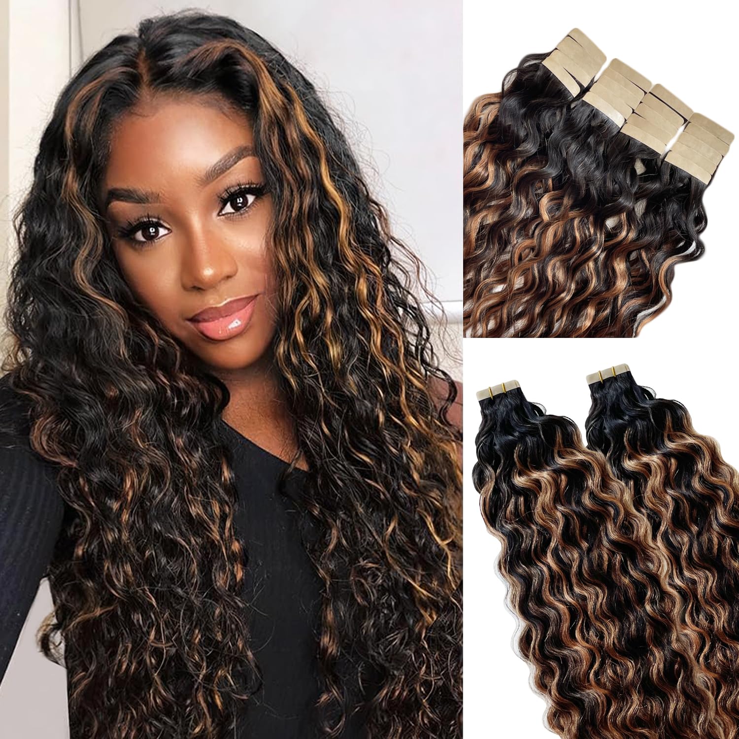Photo 1 of Invisible Water Wave Tape in Extensions Real Human Hair Ombre Nature Black with Medium Auburn Hair Extensions Tape on 24 Inch Remy Seamless Skin Weft Glue in Hair Extention 20Pcs 50G Color 1B/30/1B