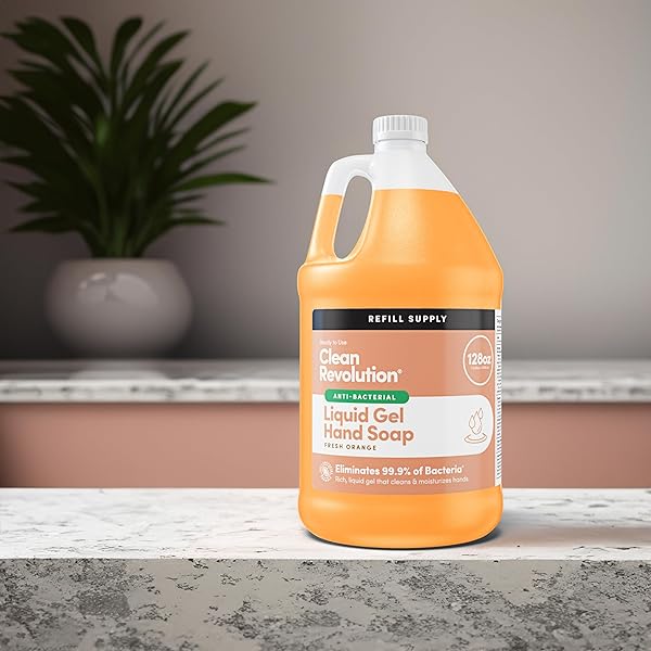 CLEAN REVOLUTION ANTIBACTERIAL LIQUID GEL HAND SOAP REFILL, 128 FL OZ, FRESH ORANGE SCENTED – MADE IN USA