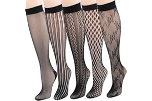 kilofly 5 Pairs Women Black Ultra Thin Stay Up Knee High Socks Fishnet Stockings