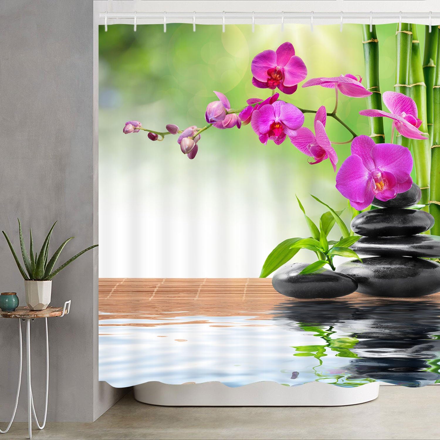 Sunm Boutique Bathroom Shower Curtain Zen Spa Shower Curtains with Hooks, Orchid Stone Bamboo Water Design Fabric Bathroom Curtain Durable Waterproof Bath Curtain Set