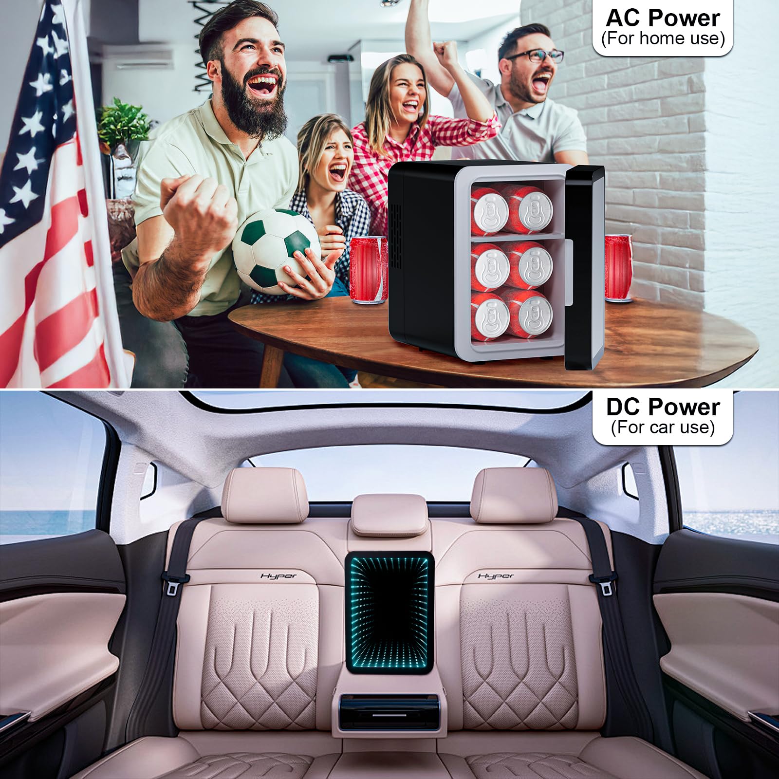 Mini Fridge, 6 Cans Small Refrigerator With LED Light, AC/DC Thermoelectric Cooler and Warmer, Ideal for Bedroom, Office, Gaming Room and Car, 12 Colors Light Effects, Mirror Screen Door