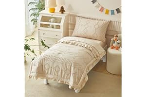AIKASY Toddler Bedding Set 4 Pieces Super Soft Comforter Set, Shabby Boho Bohemian Design for Boys and Girls（Ruffle Fringe Comforter, Flat Sheet, Fitted Sheet and Pillowcase）- Khaki