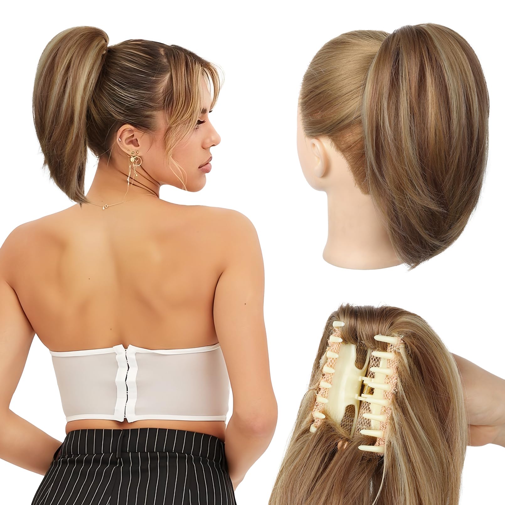 REECHO Ponytail Extension，Claw Clip Hair Bun Hair Piece Short Straight Ponytail Hair Extensions Messy Hair Bun Natural Synthetic Fake Ponytail Hair Pieces for Women- Light Brown with Highlights