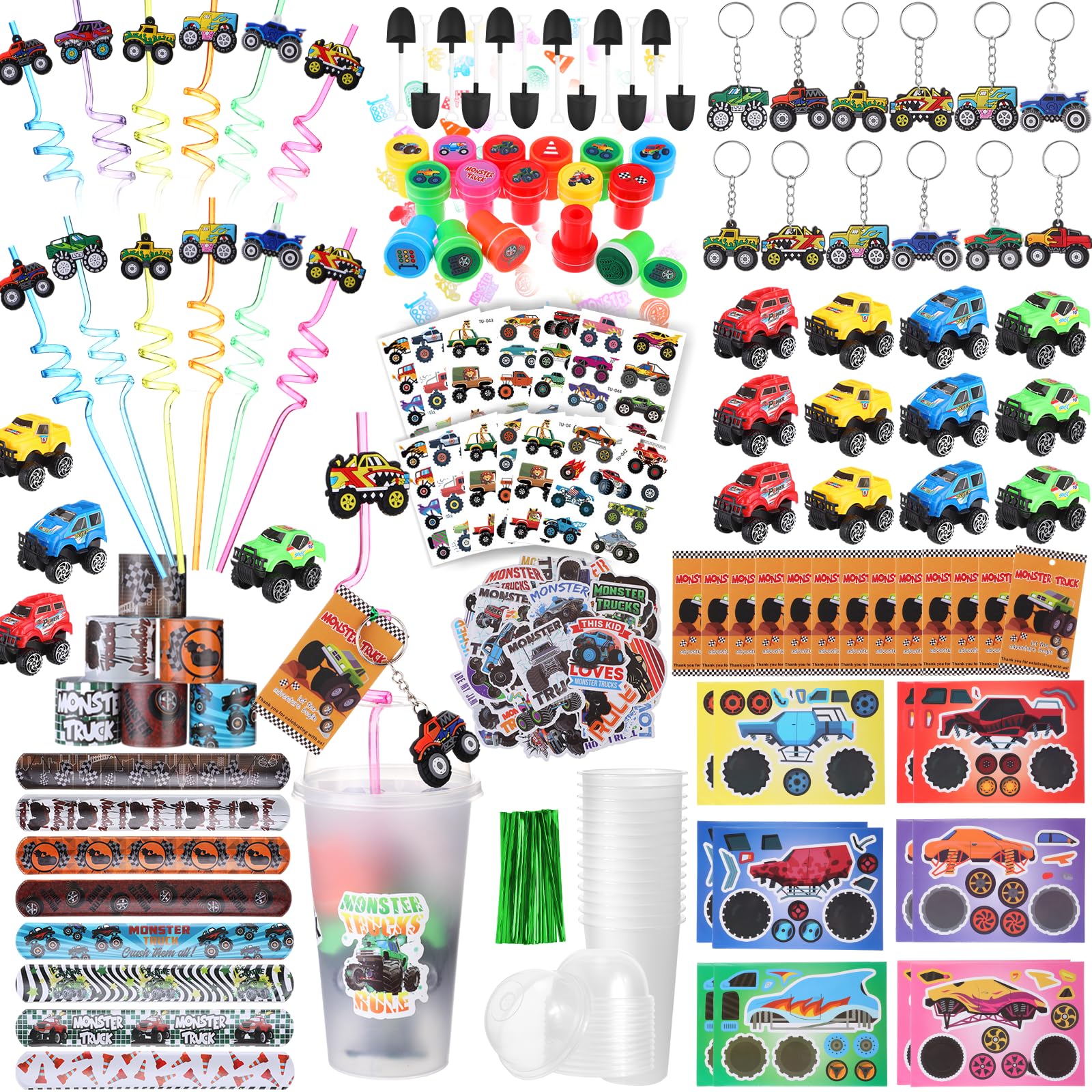 Photo 1 of HyDren 171 Pcs Monster Truck Party Favors Monster Truck Theme Birthday Supplies Included Gift Cup Straw Keychain Slap Bracelet Sticker Stamper Card Tattoo Sticker Shovel Tag Cable Tie for Gift Prize