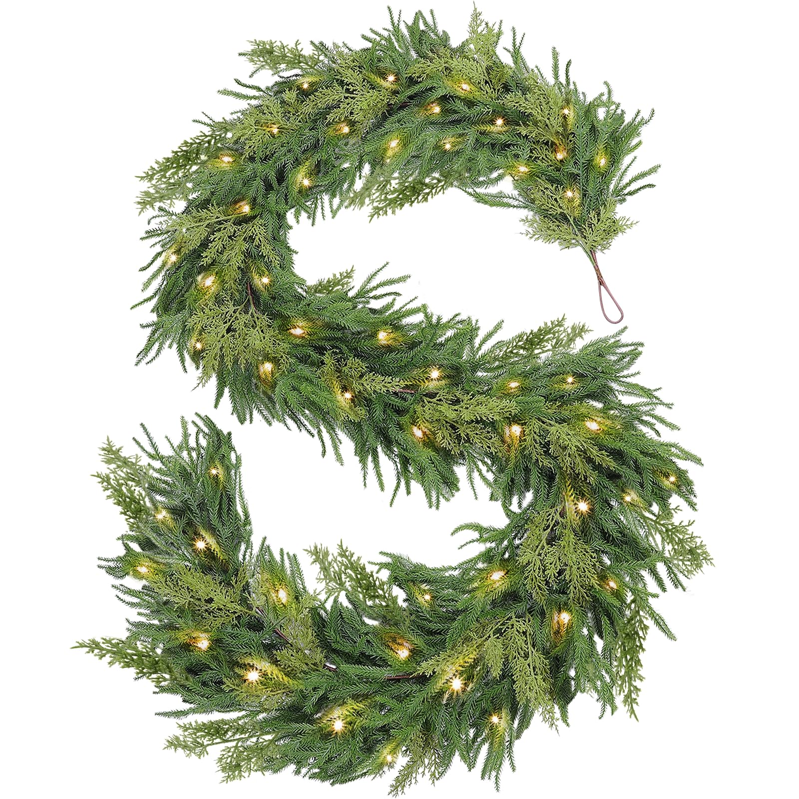 Photo 1 of Prelit & Timer - 9 Ft by 12 Inch Christmas Garland with Lights, Real Touch Norfolk Pine Garlands Cedar Garland Artificial Realistic Soft Thickness 180 Pine Cypress Tips for Mantle Table Stairs Railing