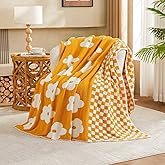 XIBLC Checkered Throw Blanket, Yellow Flower Blanket for Couch, 50"x60" Soft Plaid Knit Blanket for Home Decor, Reversible Checkerered Blankets for Sofa, Chair, Bed