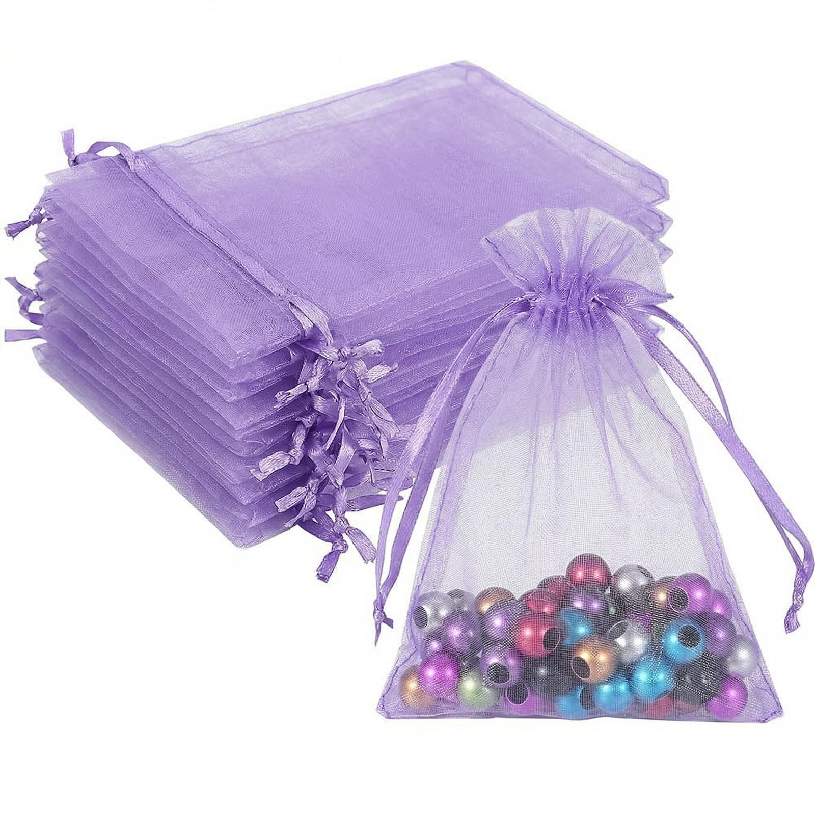 Wuligirl 100pcs 5X7 Christmas Drawstring Organza Gift Bag Snow White Pouches Party Wedding Favor Seashell Chocolates Gift Bags-Lilac