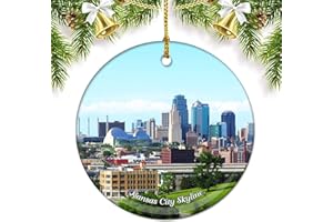 UMSUFA Missouri Kansas City Skyline USA America Christmas Ornaments for Tree Ceramic Pendant Double Sided Ornament Decor Xmas Gifts Porcelain Travel Souvenirs