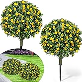 Lunmon 2 Pack 24" Artificial Topiary Ball Trees with Flowers, Outdoor Fake Topiary with Ground Spike, UV Resistant Faux Bushes Plants for Indoor Outdoor Front Door Decor (Yellow,Rose)