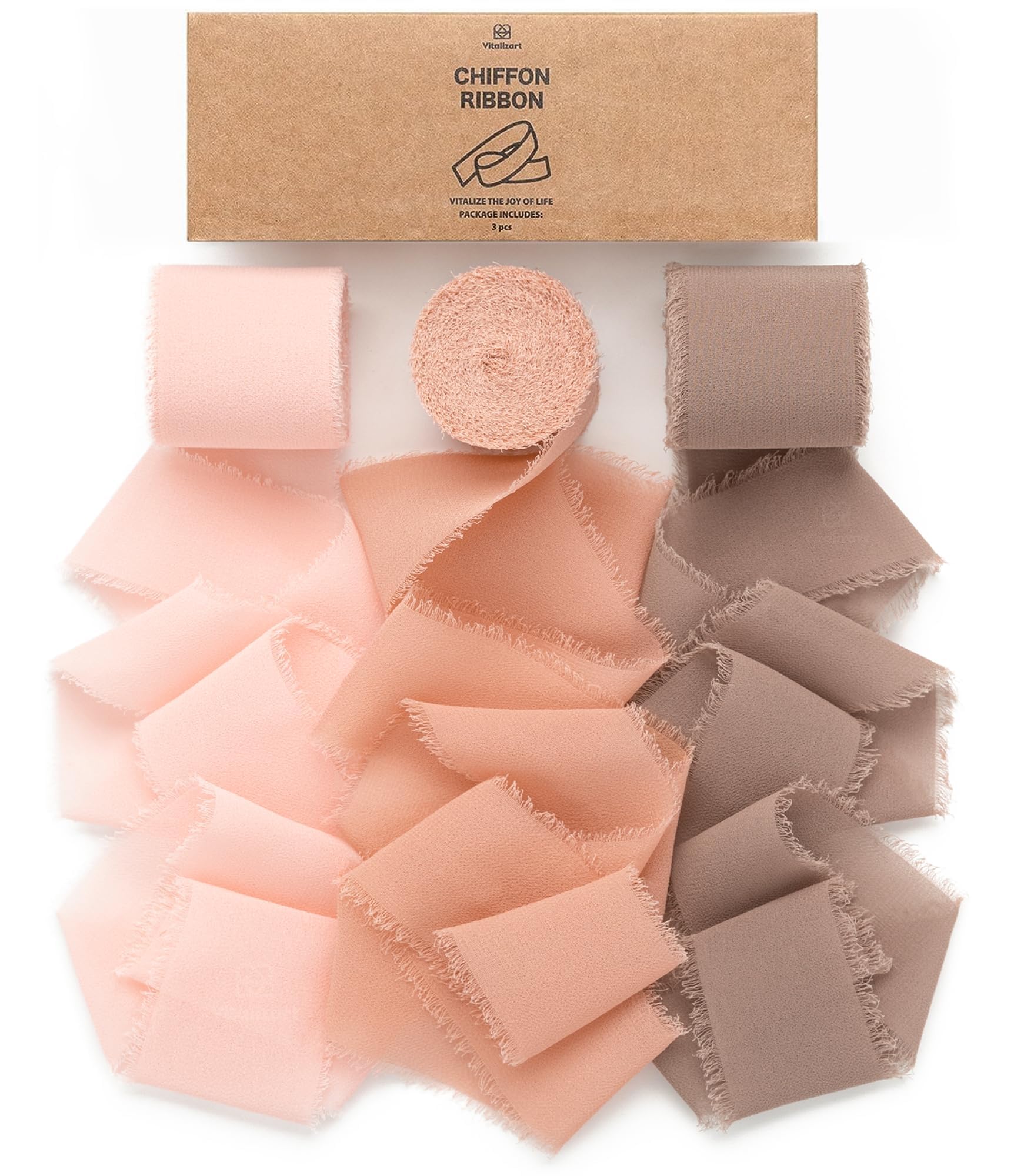 Vitalizart Chiffon Ribbon 3 Rolls 1.5'' x 7 Yd Dusty Pink & Brown, 1.5'' x 21 Yd Silky Ribbons Handmade Fringe for Wedding Invitations, Bridal Bouquets, Gift Wrapping, Holiday Decoration, DIY Crafts