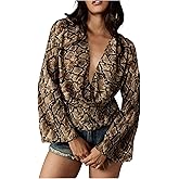 SweatyRocks Women's Snakeskin Print Cowl Neck Blouse Elegant Bell Long Sleeve Tie Backless Party Tops