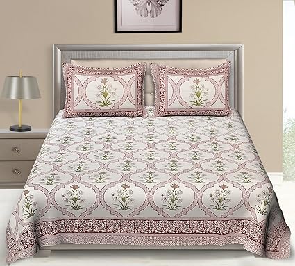 SHOPICTED 100% Cotton Premium 300TC Multi Colored Double Fitted Bedsheet with Two Pillow Covers- Pink Garden Series