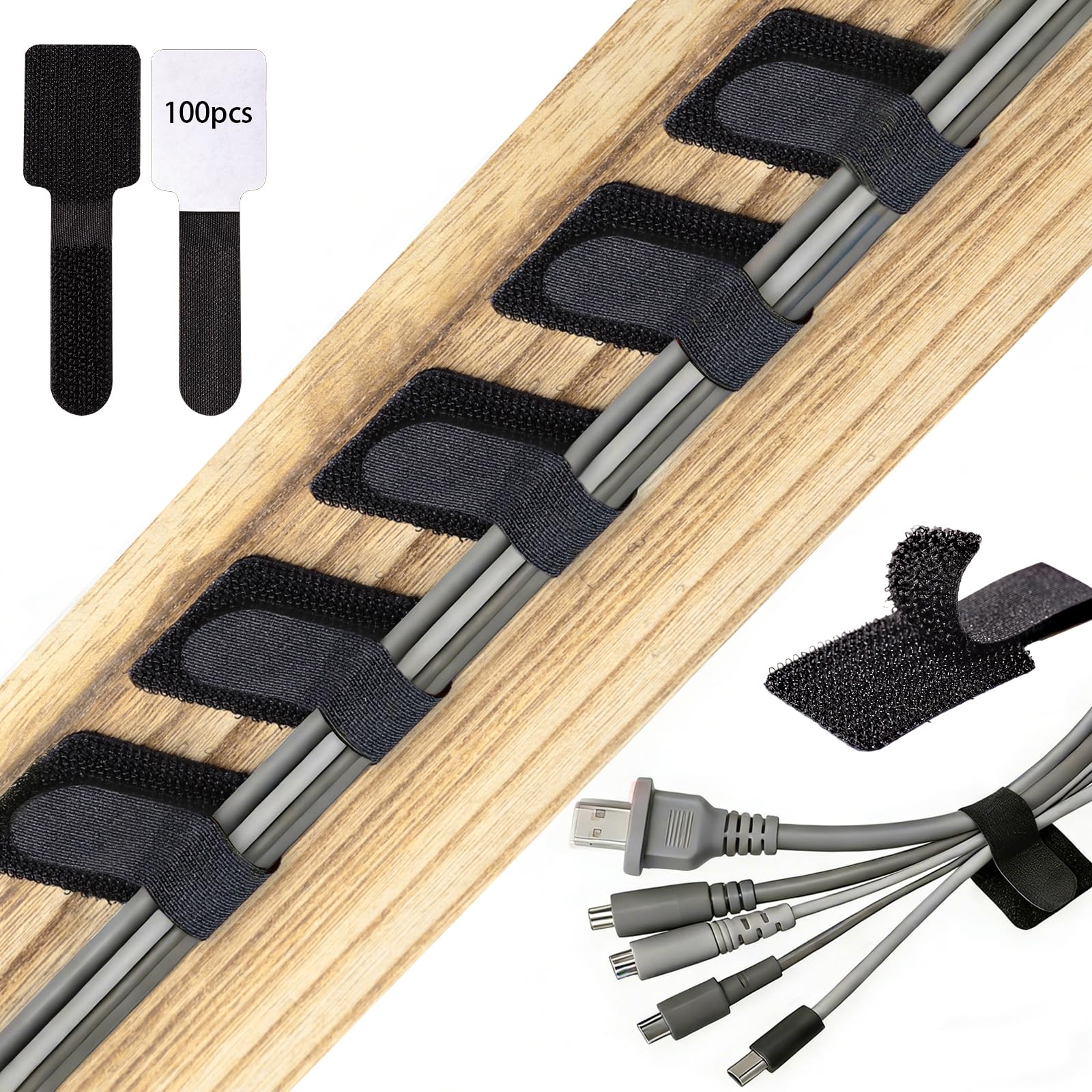 100 Pcs Cable Management Under Desk, Hook and Loop Cable Straps, Black