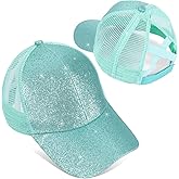 Girls Glitter Baseball Cap Criss Cross Hat, Girl High Ponytail Hat - Kids Trucker Hat with High Bun Messy Ponytail(Ages5-15)