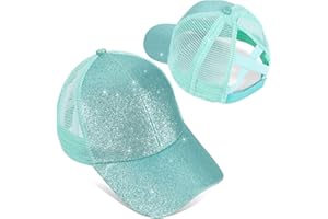 YSEOUL Girls Glitter Baseball Cap Criss Cross Hat, Girl High Ponytail Hat - Kids Trucker Hat with High Bun Messy Ponytail(Ages5-15)