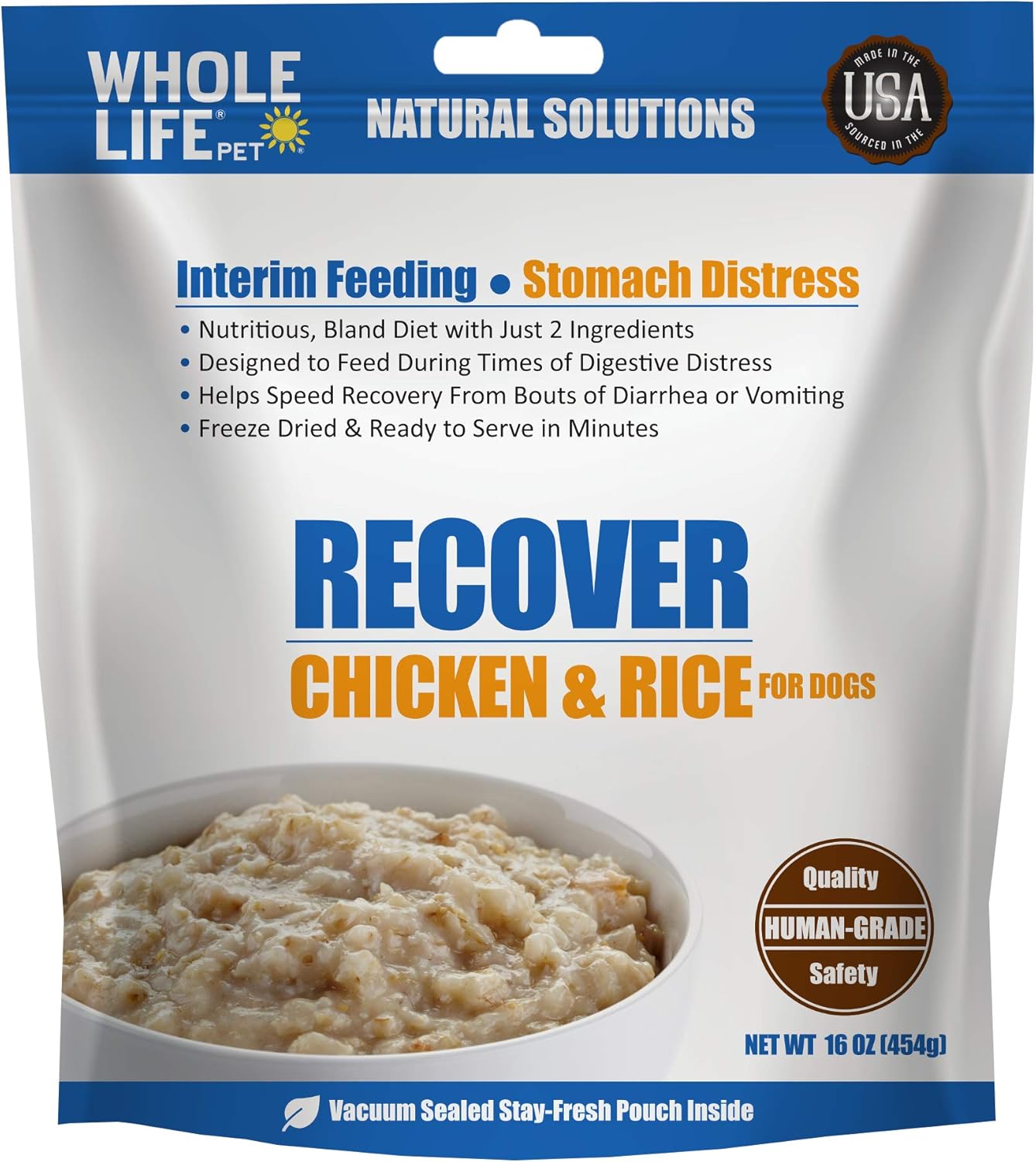 Whole Life Pet Products Recover Freeze Dried Human Grade Chicken & Rice, Nutritious Bland Diet, Diarrhea, Vomiting, Digestive Distress for Dogs 16oz, Blue (CR099)