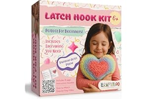 CRAFTILOO Latch Hook Kit for Kids Rug DIY Pillow Craft with Hook, Precut Yarn, Easy to Follow Pattern Cute Designs with Rainbow Heart Ages 6+