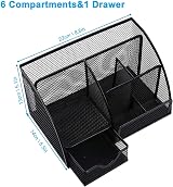 OKPOW Mesh Desk Organiser 6 Compartments 1 Drawer Black Office Stationery Tidy view 6