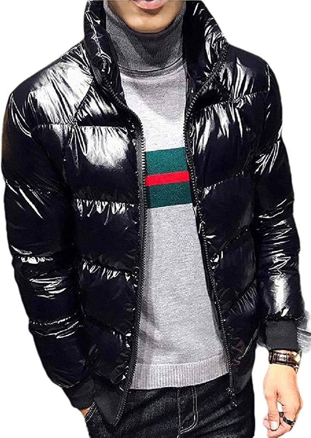 KNML Mens Quilted CottonPadded Puffer Outwear Hooded Down Jacket,Black,Large