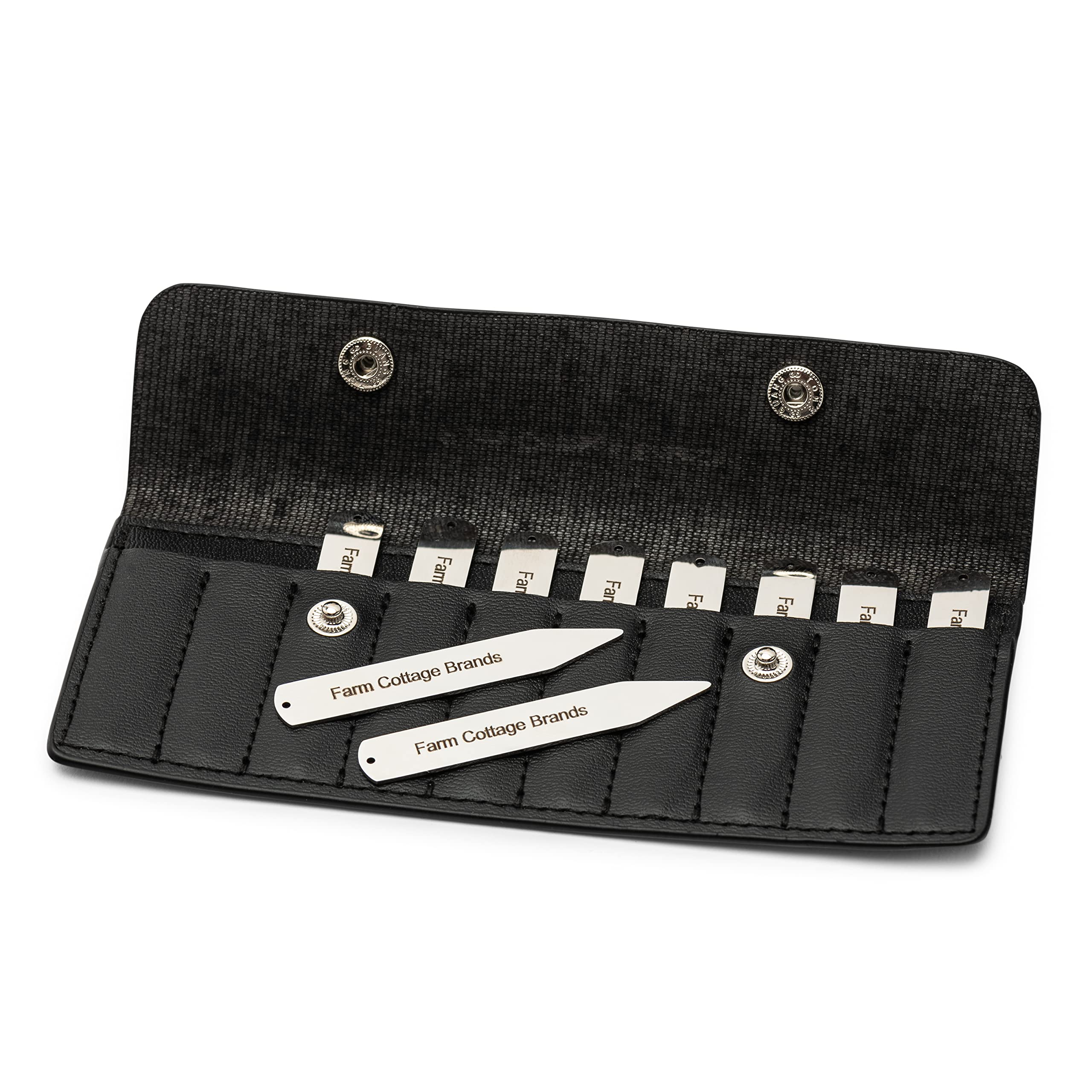 Farm Cottage Brands Set of Ten stainless steel shirt collar stiffeners/collar stays in a black leather case